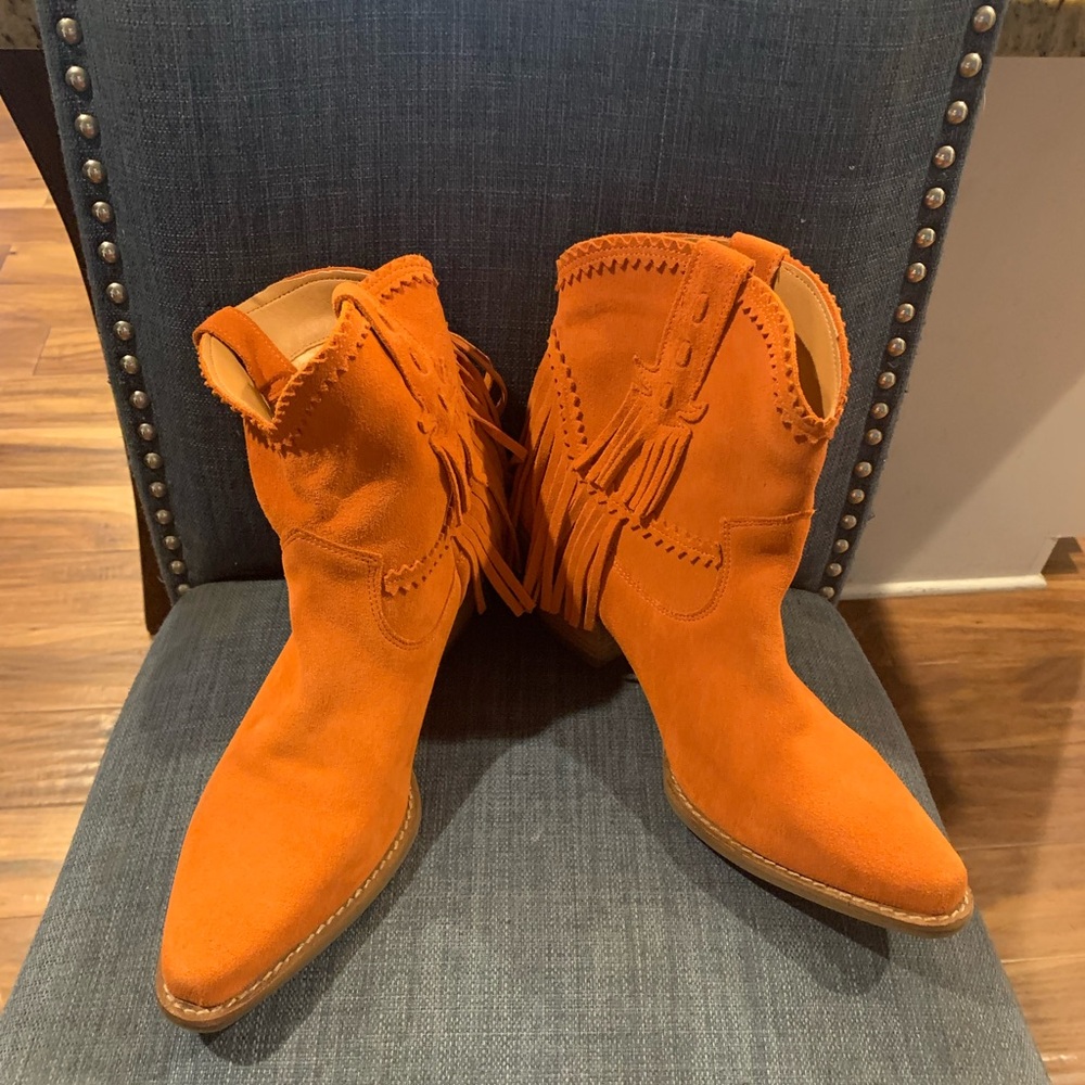 Dingo Orange Suede Ankle Booties with Fringe
